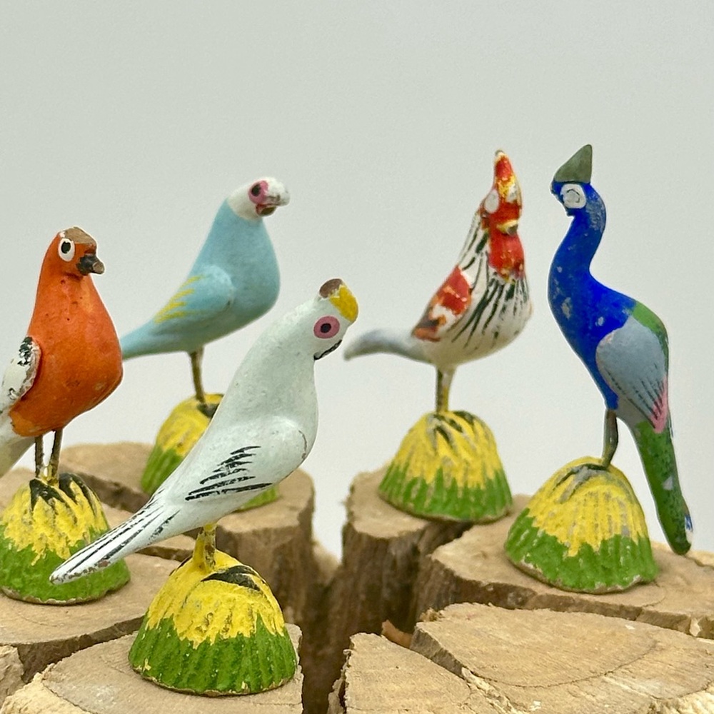 Vintage Miniature Lucknow Bird Figures-Set of 5 Hand Painted Indian Folk Art
